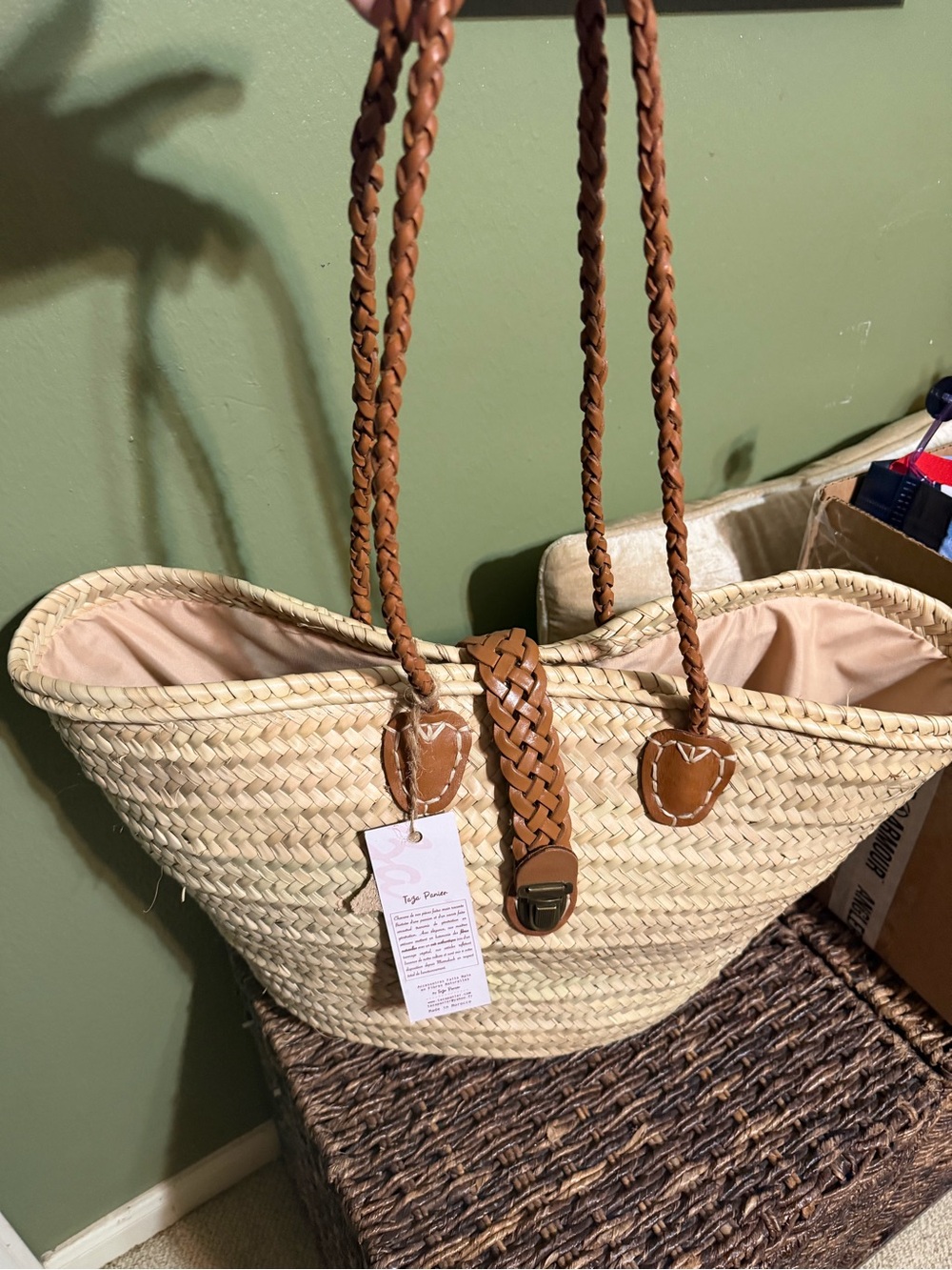 Woven Straw Tote with Braided Tan Leather Handles